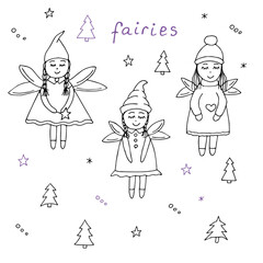 Three fairies set hand drawn, vector illustration