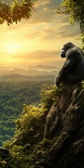 Obraz na płótnie Canvas A powerful gorilla sitting calmly on top of a cliff. This image can be used to depict strength, tranquility, and nature's beauty