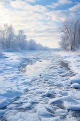 A serene winter landscape with a frozen river, snow-covered ground, and tall trees in the background. Perfect for winter-themed projects and nature-related designs