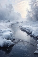 A picturesque stream flowing through a winter wonderland forest.