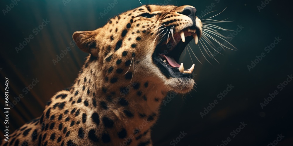 Poster A close up image of a cheetah with its mouth open. 
