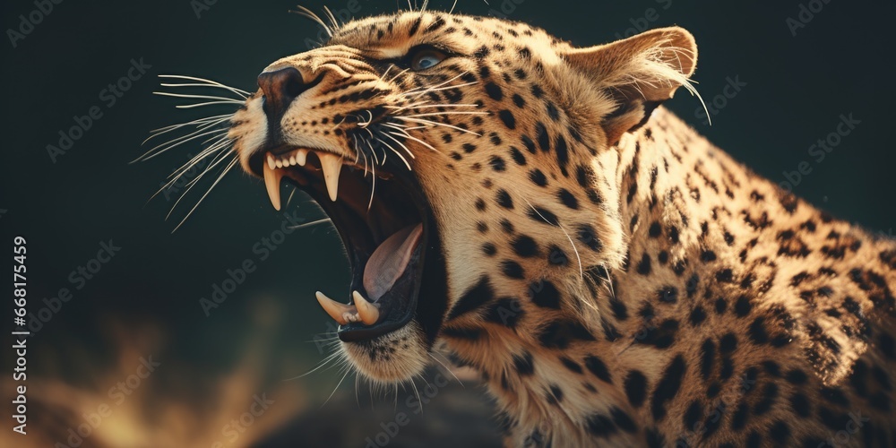 Poster a close-up photograph of a leopard showcasing its open mouth. this image captures the fierce and pow