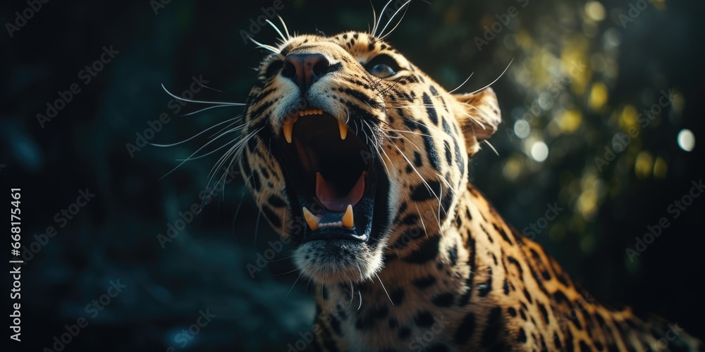 Poster A close-up photograph of a leopard with its mouth wide open. This image captures the fierce expression of the leopard and can be used to depict wildlife, animal behavior, or predator-prey dynamics.