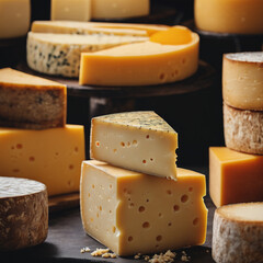 Many types of cheese are depicted on a dark background.