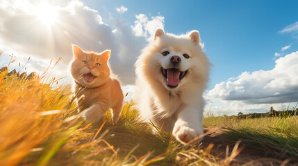 Cat and dog playing on yellow grass - obrazy, fototapety, plakaty