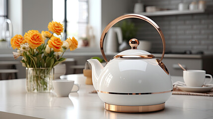a white tea kettle on a kitchen table