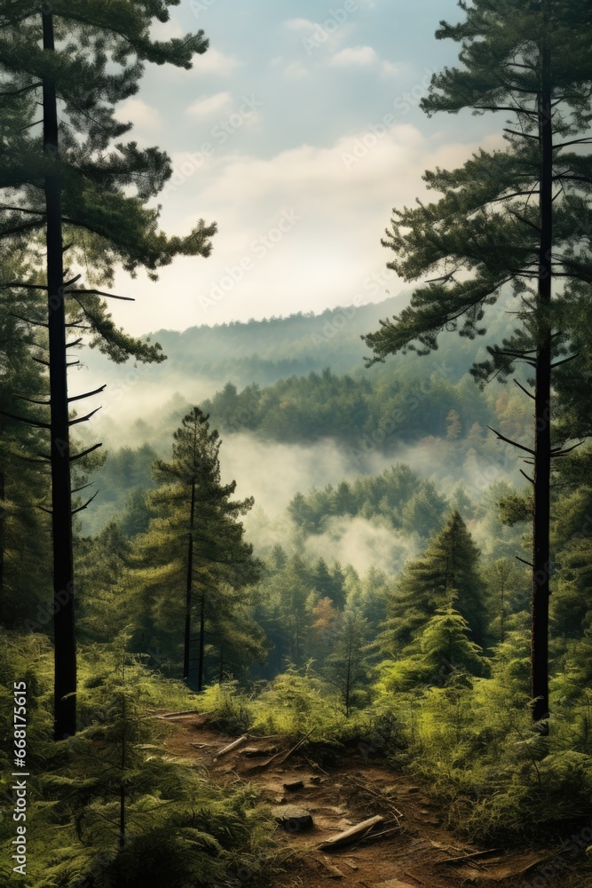 Poster a serene dirt path winds through a dense forest, disappearing into the distance shrouded in fog. thi