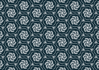 Pattern white floral on dark green abstract fabric tribal geometric retro style vintage classic illustration decorative wallpaper backdrop template print textile cloth rug tile mosaic