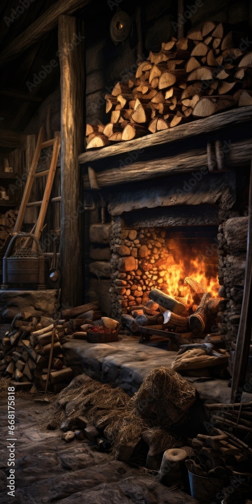Poster a picture of logs neatly stacked in a fireplace. this image can be used to depict warmth, coziness, 