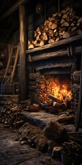 A picture of logs neatly stacked in a fireplace. This image can be used to depict warmth, coziness, and the ambiance of a fire.