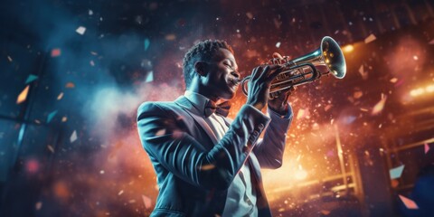 A picture of a man in a suit playing a trumpet. This image can be used to illustrate music, jazz, performance, or entertainment concepts.