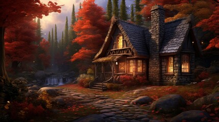 A quaint cottage nestled among the autumn trees, a hidden gem in the midst of the forest.