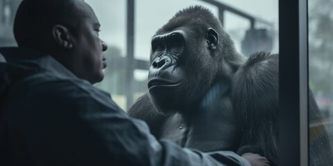 A man is seen observing a gorilla through a window. This image can be used to depict curiosity, wildlife observation, or the relationship between humans and animals.