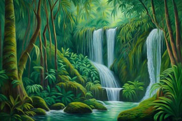 An oil pastel painting of a cascading waterfall in a tropical rainforest, like the work of Henri...
