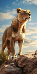 A majestic lion standing proudly on top of a rocky hill. This image captures the power and grace of the king of the jungle. Perfect for wildlife enthusiasts and nature lovers.