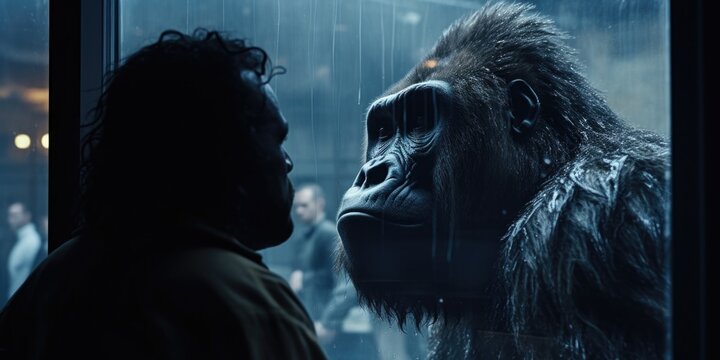 A man standing and observing a gorilla through a window. This image can be used to portray curiosity, wildlife conservation, or the beauty of nature.