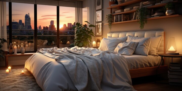 A bedroom that is designed to be both relaxing and peaceful, with a focus on using light and color to create a sense of calm and serenity. AI Generative