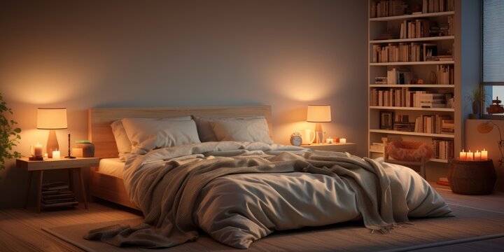 A bedroom that is designed to be both relaxing and peaceful, with a focus on using light and color to create a sense of calm and serenity. AI Generative