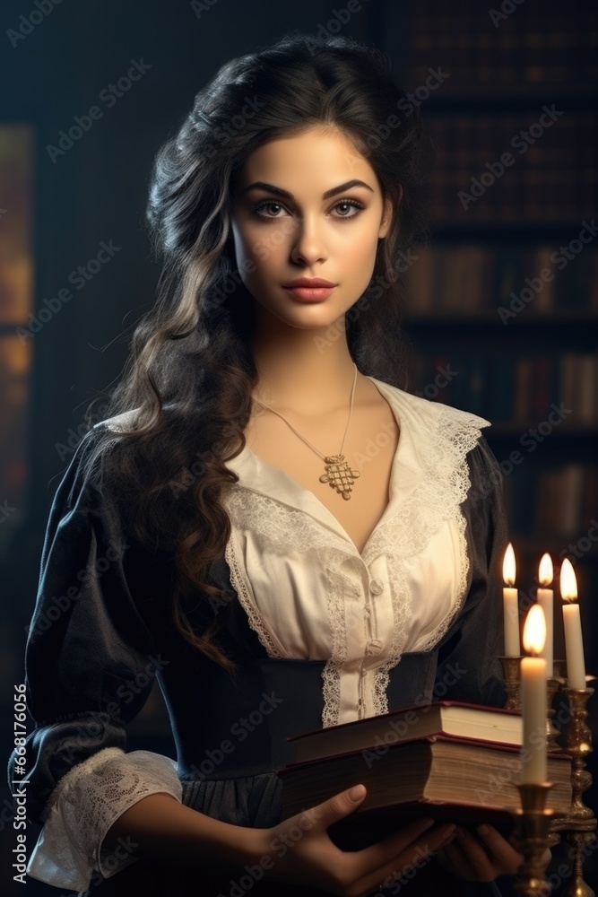 Poster a woman is depicted holding a book in one hand and a lit candle in the other. this image can be used