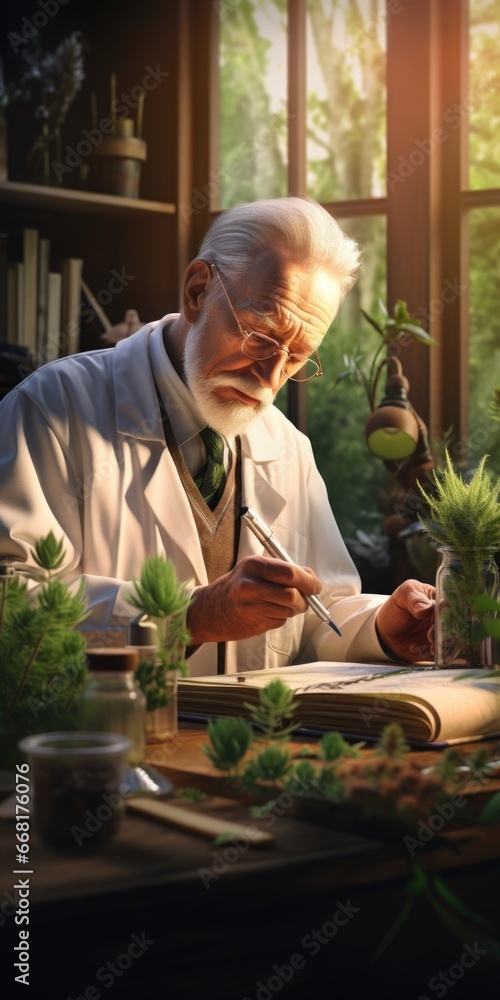 Aufkleber A man wearing a lab coat is seen writing on a piece of paper. This image can be used to depict scientific research, experimentation, or documentation in various fields.