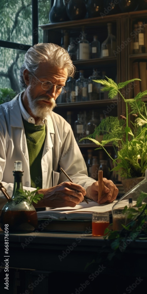 Poster A man wearing a lab coat is seen writing on a piece of paper. This image can be used to depict scientific research, experiments, or documentation in various fields.