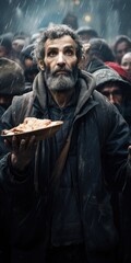 Fototapeta na wymiar A man is holding a plate of pizza in front of a crowd. This image can be used to showcase the enjoyment of food at social gatherings or events.