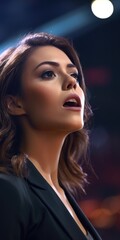 Fototapeta premium A woman wearing a black jacket gazes upwards. 