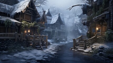 A quaint wooden bridge crossing a frozen stream in a quiet, snowy village.