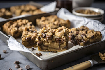 Sheet pan filled with caramel pecan chocolate chip squares ready for eating, generative ai