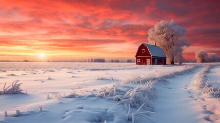 A red barn in a snowy meadow, with the sun's last light casting a vibrant, wintry glow on the landscape.