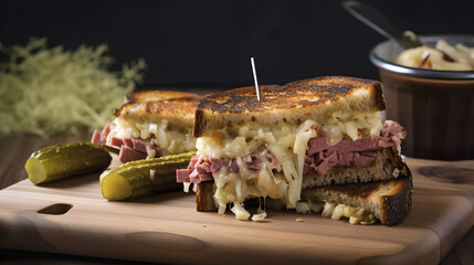 Naklejka na ściany i meble Toasted Reuben sandwich on a wooden board served with pickles, sauerkraut and Russian dressing