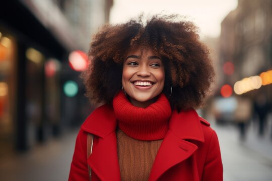 Stylish Woman in Red Coat Walking on Busy City Street
