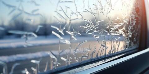 A detailed close-up of a window covered in frost. Perfect for winter-themed designs or concepts.