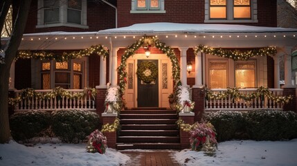 A red-brick house adorned with wreaths and twinkling holiday lights.