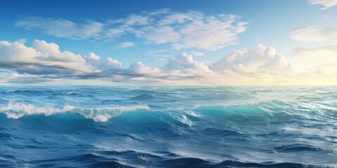 A tranquil scene capturing a vast body of water with billowing clouds in the sky. 