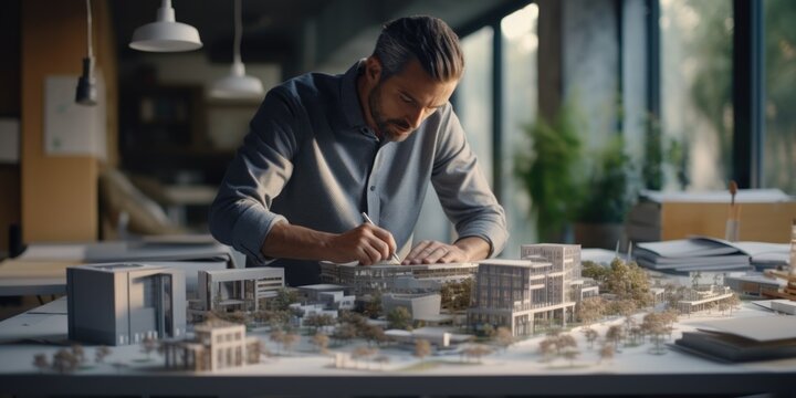 A man is seen diligently working on a model of a building.  - Powered by Adobe