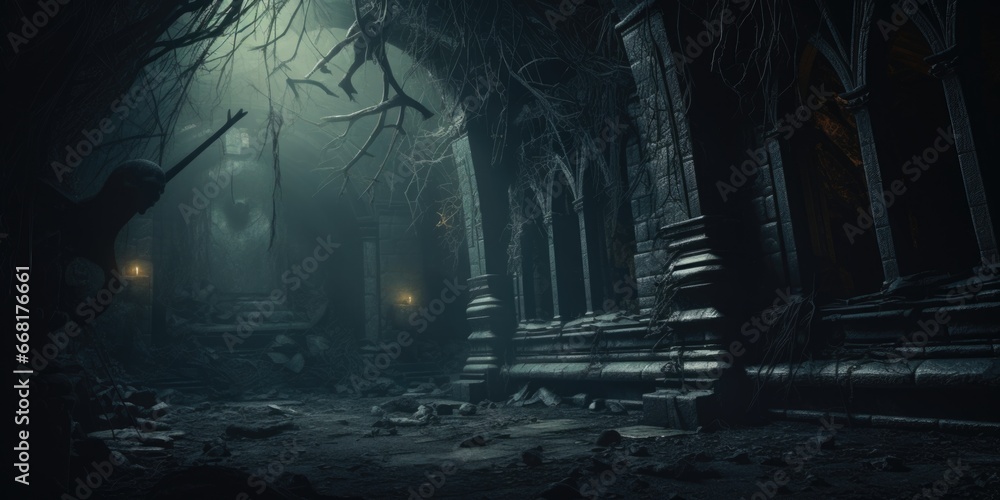Poster A dark alleyway illuminated by a single light shining through the trees. Perfect for adding an eerie or mysterious touch to your projects.