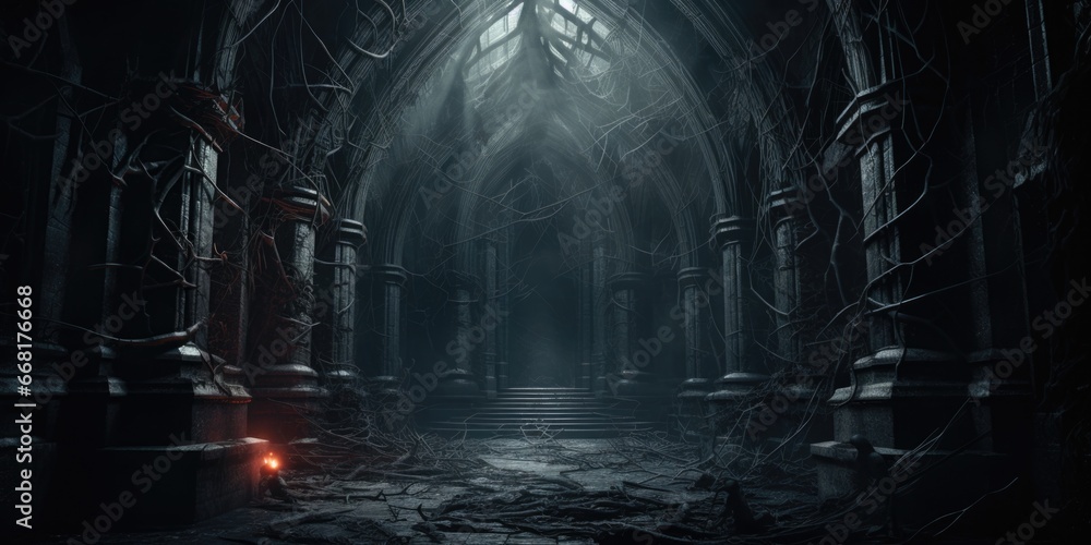 Poster A dark gothic hallway with a single light illuminating the end. This image can be used to represent a journey towards hope or as a metaphor for finding the way in difficult times.