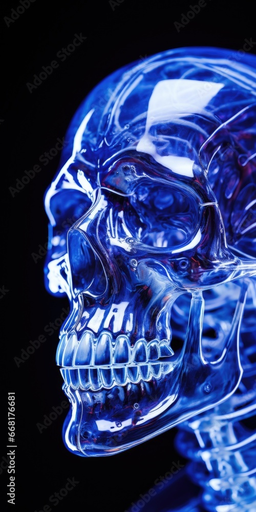 Poster a blue human skull photographed against a black background. this image can be used to create a spook