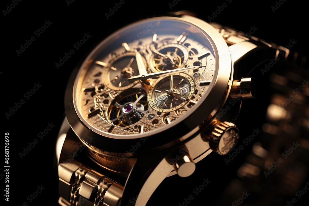 Poster A detailed close up of a watch against a black background. This image can be used to showcase elegance and precision in timekeeping.