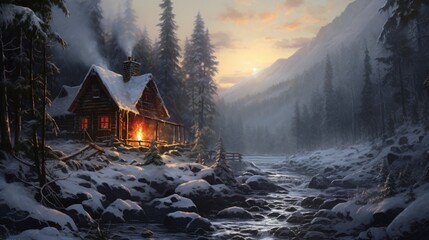 A rustic cabin nestled in a snow-covered forest, smoke gently curling from the chimney.