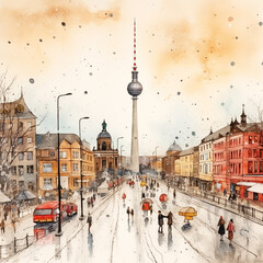 Watercolor painting style, outdoor street view to Alexanderplatz, Berliner Fernsehturm and Berlin Cathedral.
 - obrazy, fototapety, plakaty