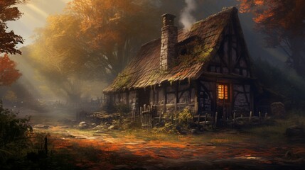 A rustic cottage in the woods, smoke rising from the chimney, embodying the coziness of autumn.