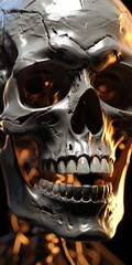 A close up of a skeleton with a burning face. This eerie image can be used to create a spooky atmosphere or to depict themes of death and horror.