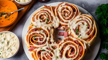Top down view of corned beef pizza spirals served with homemade dip, generative ai
