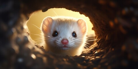 A small white ferret is seen peeking out of a hole. This image can be used to depict curiosity, small animals, or nature scenes.