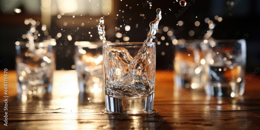 Aufkleber A close-up photograph of a glass of water placed on a table. This image can be used in various contexts and designs.
