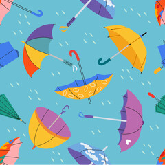 Seamless pattern with colorful umbrellas in different positions. Open and folded umbrellas. Hand drawn colored Vector illustration. Cartoon style.  Colorful background, wallpaper - obrazy, fototapety, plakaty