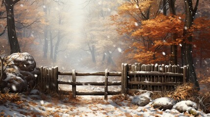 A rustic wooden fence winding through a forest, adorned with autumn leaves and a light dusting of snow.