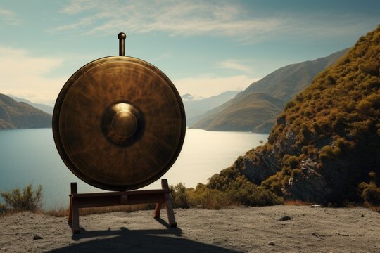 A large gong sitting on top of a wooden stand. This image can be used to represent musical instruments, traditional music, or cultural performances.